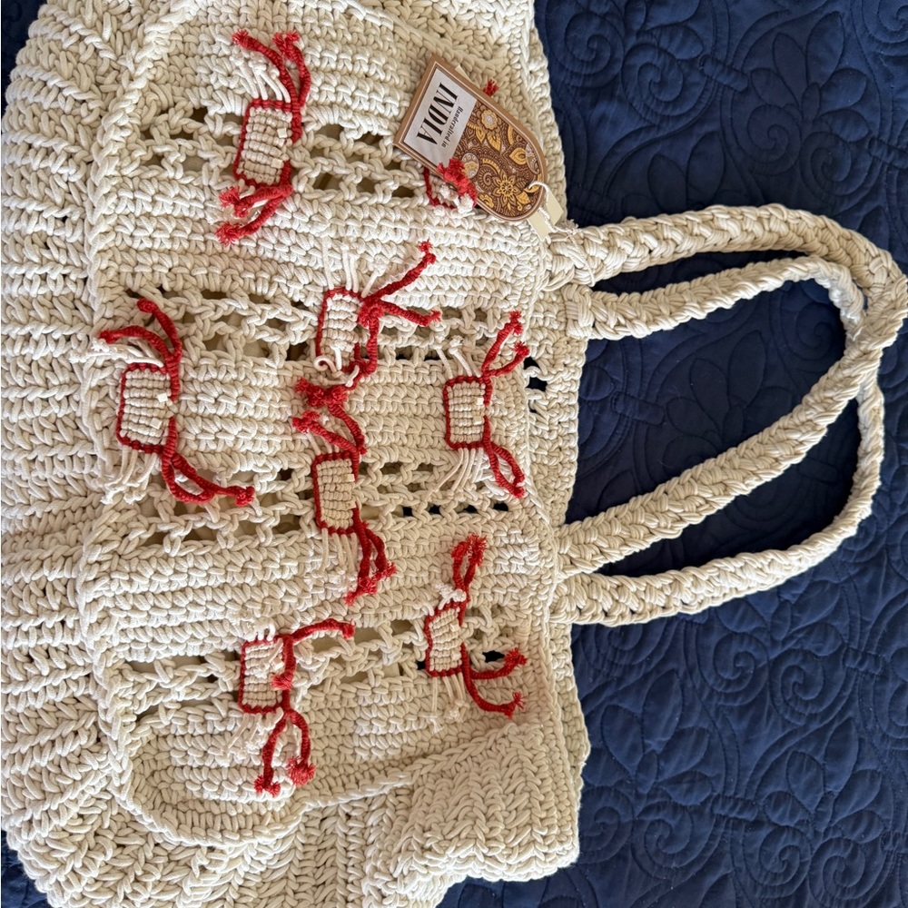 Handcrafted Cream Tote Bag with Red Accents